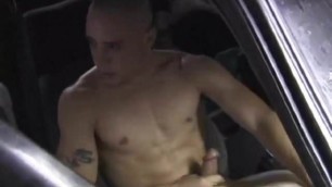 Straight hunk jerking off in parked car